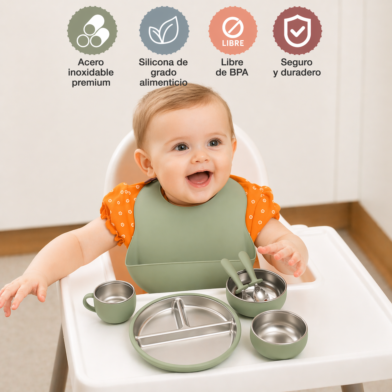 vajilla de alimentación para bebé de acero inoxidable y silicona de grado alimentario con plato dividido y ventosa antideslizante