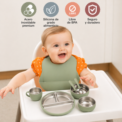 vajilla de alimentación para bebé de acero inoxidable y silicona de grado alimentario con plato dividido y ventosa antideslizante